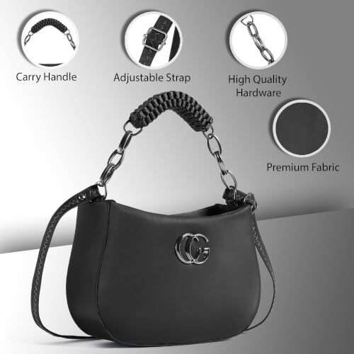 Image of Women's Black Crescent Shoulder Bag with Chain Handle, Premium PU Leather Hobo Handbag, Adjustable Strap, Stylish Purse for Women & Girls