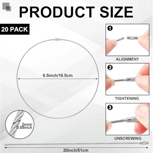 Image of Zonon 20 Inch Large Wire Keychain Cables, Heavy Duty Stainless Steel Screw Clasp Loops for Luggage Tags Keys ID Cards