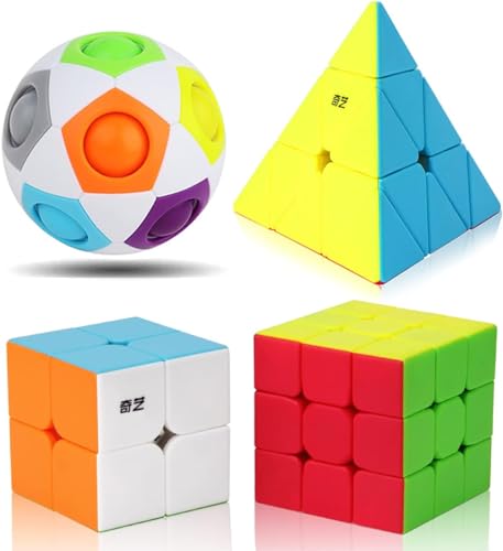 Roxenda Speed Cube Set, Speed Cube Bundle of 2x2 3x3 Pyramid Cube and Magic Rainbow Ball Smoothly Magic Cubes Collection for Kids Teens & Adults [4 Pack] (Stickerless)