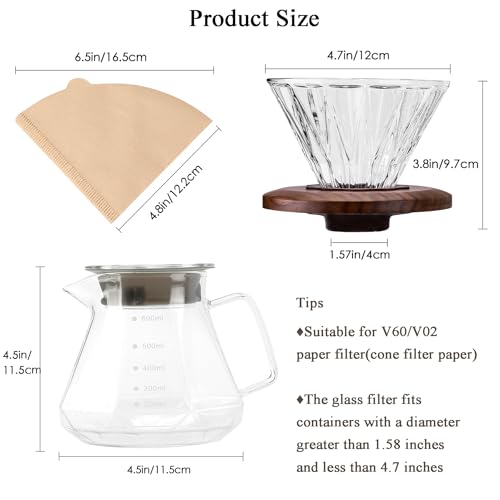 Polydremio Pour Over Kaffeebereiter, 600 ml Borosilikatglas-Karaffe mit 100 Stück Papierfilter Größe 02, Walnuss-Griff und Glasdeckel, transparent