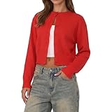 Women Y2K Button Front Crop Sweater Cardigan Solid Color Crew Neck Long Sleeve Knit Fall Tops Streetwear (Red, M)