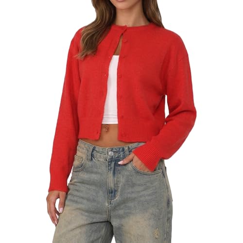 Women Y2K Button Front Crop Sweater Cardigan Solid Color Crew
