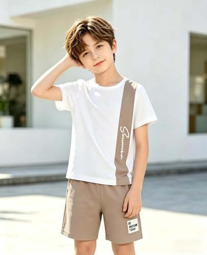Image of Ayzozuy Boy Clothes Colorblock Top + Drawstring Waist Shorts 2 Pieces Kid Summer Outfits Set