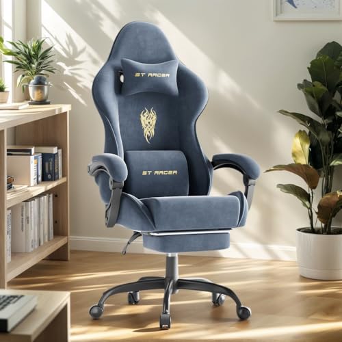 Image of Soontrans Velvet Fabric Ergonomic Gaming Chair with Footrest, Reclining Office Computer Desk Game Chairs with Massage Lumbar Cushion,Headrest,Comfortable Video Gamer Chair for Adult