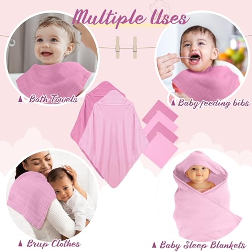 Image of Preboun 6 Pcs Muslin Hooded Baby Towels and Washcloths 32 inchx 32 inch Cotton Newborn Bath Towel Anti-Shrink Infant Baby Blankets with Hood 12 inchx 12 inch Washcloths for Girl Boy Toddler(Rose Red,Pink)