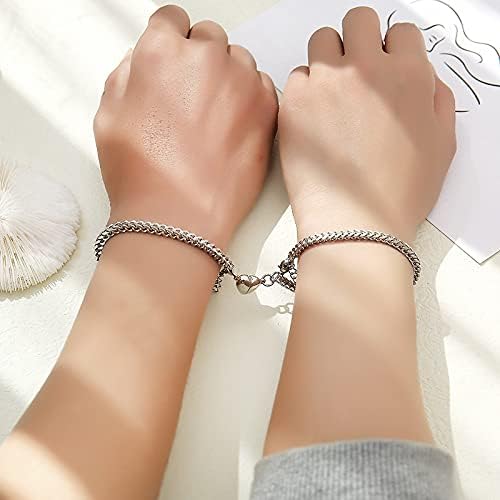 Miniatura 5 de 2 piezas Juego de pulseras magnéticas para parejas, pulsera de cadena cubana, pulsera magnética de corazón de durazno, pulsera de promesa de