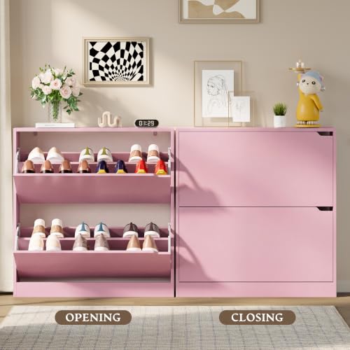 Image of BORNOON Shoe Cabinet with 2 Flip Drawers, Slim Narrow Shoe Storage Cabinet, Freestanding Shoe Organizer with Adjustable & Removable Shelves, Top Display Shelf for Entryway, Hallway, Foyer, Closet