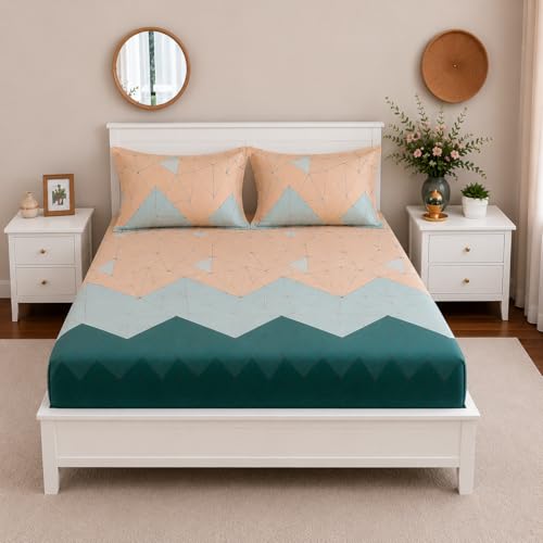 Image of Diamond Check Fitted Bedsheet for Double Bed with 2 Pillow Covers | Premium Soft Feel | Elegant Blue Geometric Design | Elastic All Around with Deep Pocket Fit | King Size 72x78 Inches