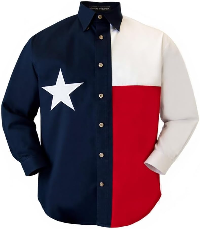 Texas Flag Lone Star Twill Shirt Men Long Sleeves Button Down 100% Cotton, Soft, Breathable, Full Cut, Casual