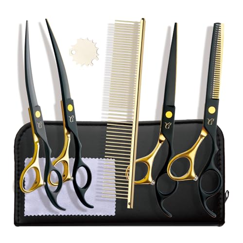 CITYWISH Dog Grooming Scissors,Paint Coated Curved Scissors Thinning Scissors with Safety Round Tips, Sharp and Durable 5 in 1 Dog Scissors for Grooming
