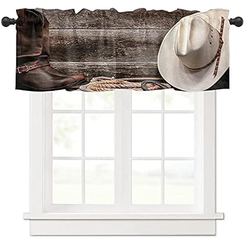 Curtain Valances for Windows Living Room, Western Cowboy Curtain Toppers for Bedroom, Worn Boots Straw Hat Retro Wooden Grain Rod Pocket Curtains Kitchen Valances 54 Inch Wide by 18 Inch Long Cover