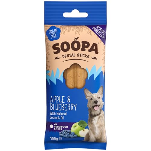 Soopa Apple & Blueberry Dental Sticks Vegan Human-Grade Dog Chews to Clean Teeth Breath Freshener Aid Digestion Natural Superfood Healthy Grain Free Dog Treats 100 g 1-Pack