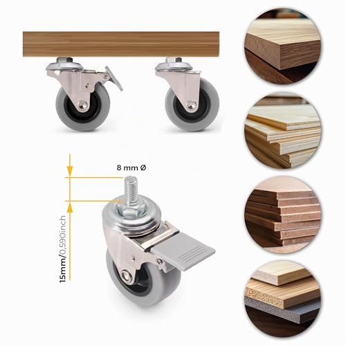 Miniatura 5 de Emuca - Lote De 4 Ruedas Pivotantes Para Mueble Ø50mm Con Perno M8x15 Y Rodamientos De Bolas, Ruedas De Goma Para Muebles Color Gris