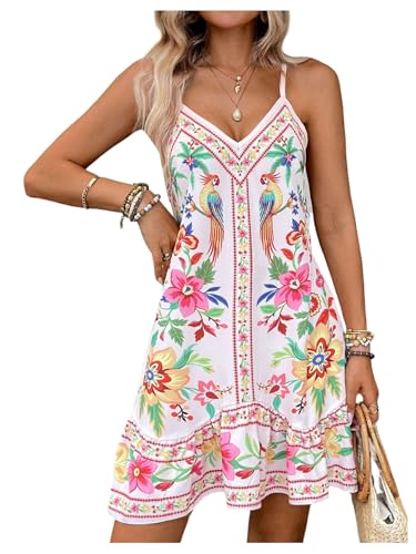 Image of RoseSeek Women's Boho Floral Beach Dress Summer Cover Up Mini Sundress | Spaghetti Strap, Ruffle Hem A Line Dress, Bathing Suit, Beach, Flowy Cami Sundress, Vacation Outfits
