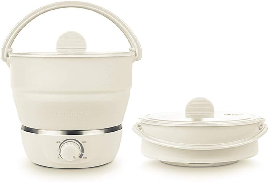 Drizzle Foldable Electric Hot Pot Cooker Dual Voltage100V-240V Mini Kettle Food Grade Silicone Cookerware Boiling Water Steamer Portable Travel (White)
