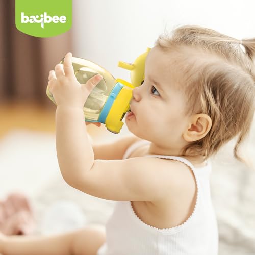 Image of BAYBEE Lovely Bunnies Kids Water Bottle 600ml | BPA Free & Leakproof Safe Sipper Bottle with Straw | Cute Rabbit Design Smooth Sipping with Handle & Strap, Flip Lid for School Kids & Babys (Yellow)