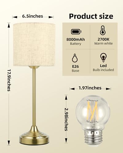 Image of Cordless Table Lamp, 8000mAh, Dimmable, Ambient Light, 2700K, Touch Control, Portable, LED, Wireless, Rechargeable, Battery Operated, Desk Lamp, Kitchen Lamp, Fabric Shade, for Dining Room, Bedroom
