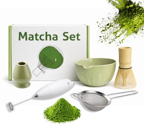 Matcha Kit Tradicional, 6 Piezas, Con Espumador, Set de Ceremonia de Té con Batidor bambú, soporte de cerámica, Cuchara (chashaku) y Cuenco de cerámico, Preparar matcha y ceremonias del té