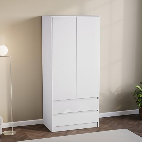 Vida Designs Glinton High Gloss 2 Door 2 Drawer Wardrobe Bedroom Storage Organiser with Hanging Rail Modern Furniture 100% FSC Certified (White, 2 Door 2 Drawer)