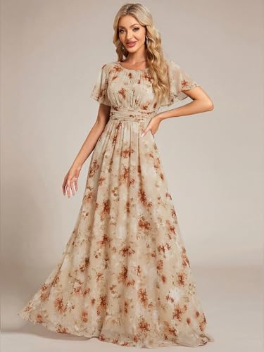 Image of Ever-Pretty Women's Spring Elegant Round Neck Short Sleeve Chiffon Empire Waist Floor Length Formal Dresses Bridesmaid Dress