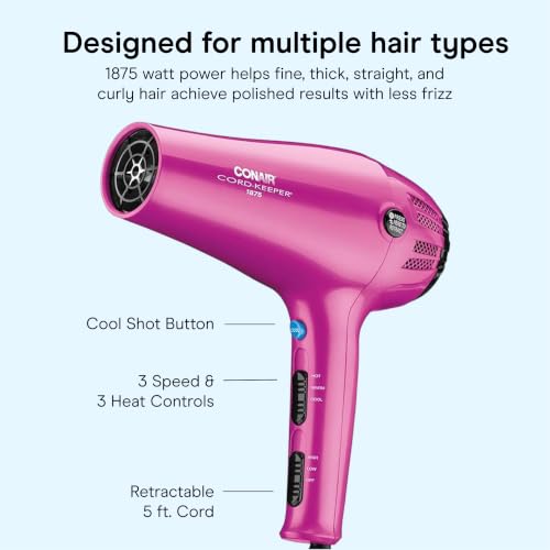 Image of Conair Cord Keeper Hair Dryer | 1875W, Retractable Cord, for Multiple Hair Types, Includes Diffuser and Concentrator, Pink, 209BCX