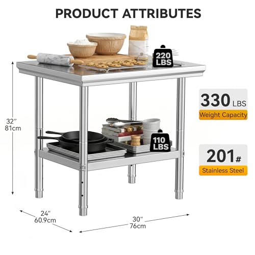 Image of DWVO 30x24in Stainless Steel Table with Adjustable Shelf | NSF Metal Prep Worktable for Kitchen Restaurant Hotel Garage Warehouse Home Commercial