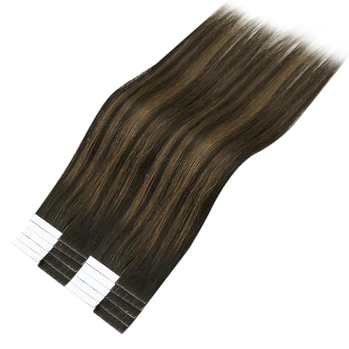 Image of LaaVoo Invisible Tape Human Hair Extensions Tape in Real Human Hair Seamless Extensions Injected Hair Extensions Tape in Balayage Dark Brown Mixed Ash Brown 18 Inch 50g 20Pcs