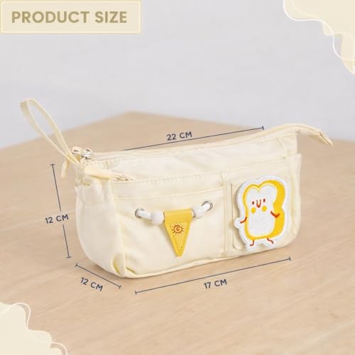 Image of Canvas School Bag Pencil Case, 3 Layer 6 Compartment Large Capacity, Aesthetic Pencil Pouch for Stationary, Cute Stationery for Kids, Pencil Case for Girls & Boys (Cream)