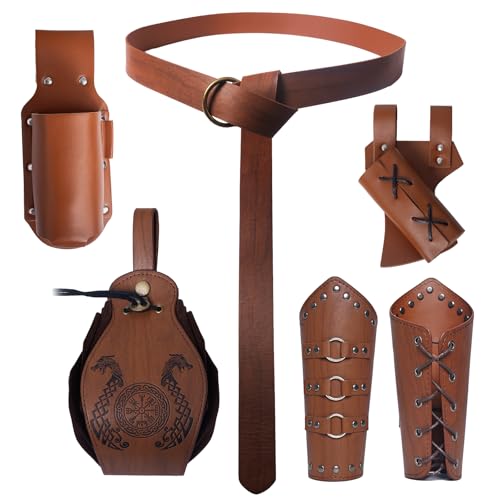 LLTTEER Disfraz de caballero medieval, juego de accesorios para Halloween, traje de nigromante, medieval, brazales medievales, riñonera, funda para espada, cinturón y botella de poción mágica (Marrón)