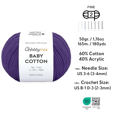 Image of Baby Cotton Blend Yarn - Soft Sport Weight Yarn for Crochet & Amigurumi - 50g /180yds - 60% Cotton 40% Acrylic - Ideal for Baby & Knitting Proj.(Dark Levander, 1 Ball)