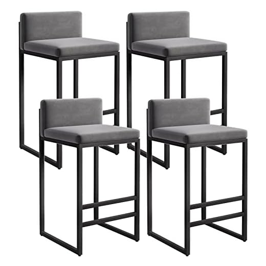 Lsoiup Counter Height Bar Stools Set of 4 Velvet Upholstered Counter Stools Modern Island Chairs with Low Back for Kitchen Island Grey + Black Sitting Height 65cm