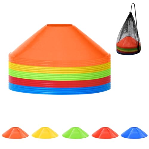 Harewu 20 Pcs Soccer Cones for Trainingï¼ŒHeavy-Duty Sports Cones with Mesh Bagï¼Œfor Drills and Training Football, Basketball, Coaching, Practice Equipment for Kids and Adult(5 Colors)