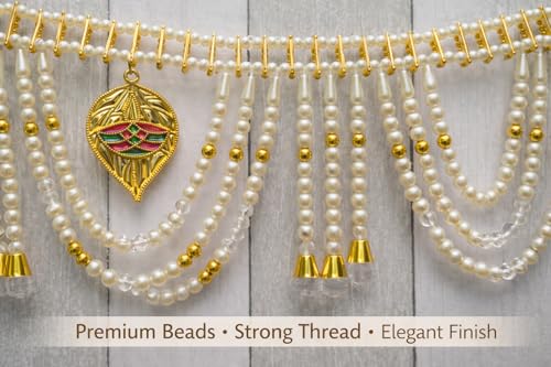 Image of Designer Pearl Beads Toran for Door | Golden Bandarwal with Hanging Motifs | 3 Feet Length | Traditional Festive Home & Pooja Decoration for Diwali, Wedding & Housewarming