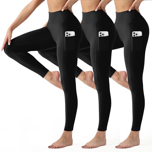 Image of YUDSUD High Waisted Leggings with Pockets for Women, 3 Pack | Tummy Control, Yoga Pants, Running & Daily Wear