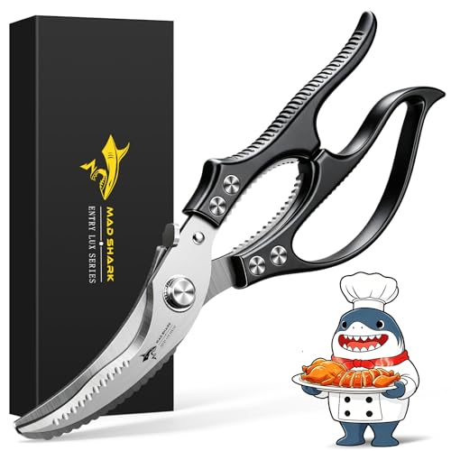 MAD SHARK Professional Heavy Duty Poultry Shears - Kitchen Shears for Spatchcocking Chicken and Meat Cutting, Multi-Purpose Kitchen Scissors for Food, Spring-loaded (Black)