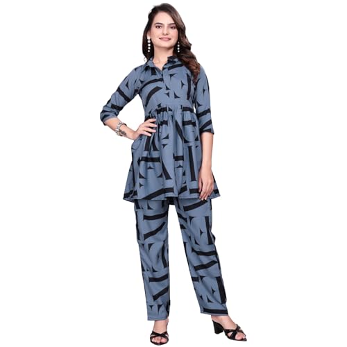 Image of Women Crepe 3 /4 Sleeves V Neck Cord Set Featuring Floral Pattern Design 2 Piece Ethnic Wear Set