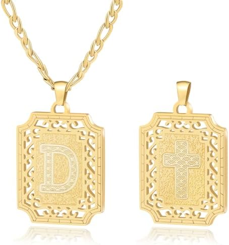 LETFLY Initial Necklaces for Women Men, 18K Gold Plated Letter Cross Pendant Necklace Alphabets A-Z Figaro Chain Jewelry Gifts