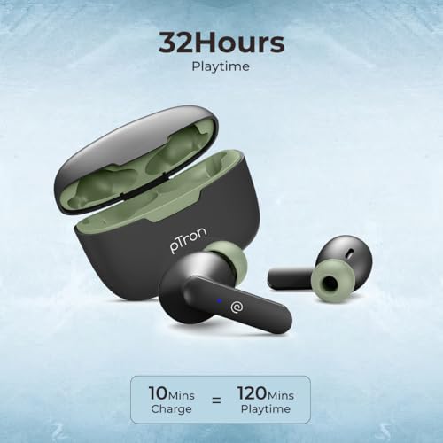 Image of pTron Basspods P81 In-Ear Wireless Earbuds, Pristine Sound, 32Hrs Playtime, Clear Calls TWS Earbuds, Bluetooth V5.1 Headphone, Type-C Fast Charging, Voice Assist & IPX4 Water Resistant (Black & Green)