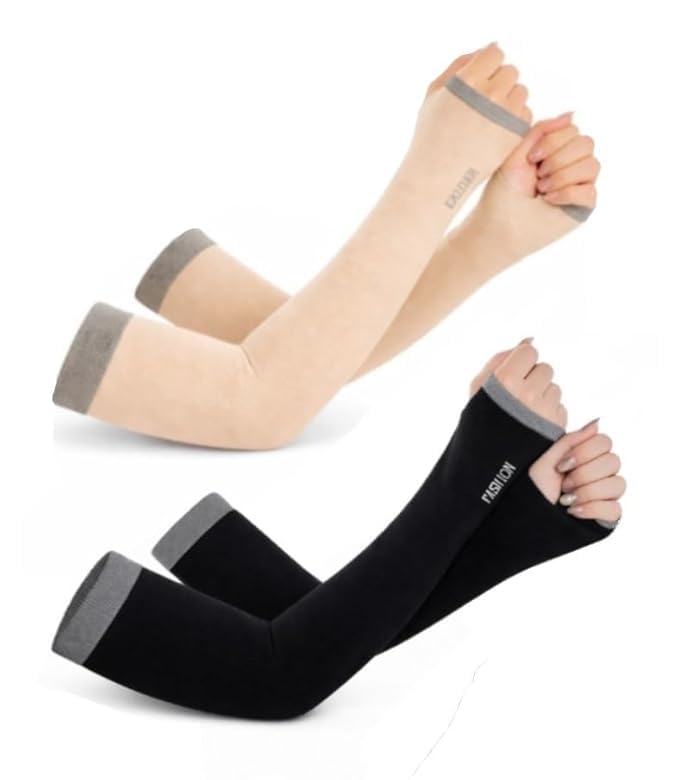 UV Sun Protection Arm Sleeves for Men & Women | Cooling Compression Full Arm Covers with UPF Protection | Stretchable Sleeves for Cycling, Running, Driving, Cricket & Sports | Beige & Black (2 Pairs)-image-26