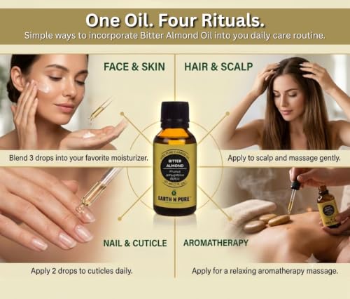 Image of Earth N Pure Bitter Almond Oil for Skin Care, Hair Care & Massage | for DIY, Aromatherapy & Beauty Use | Premium Quality, Cold Pressed, Multi-Purpose Oil 50ml
