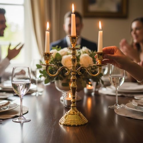 Image of 3 Arm Aluminum Candelabra Gold Finished 12 Inch Candelstick Holders Gothic Decorations | Candle Holder for Home Decor, Wedding & Centerpiece for Dining Table