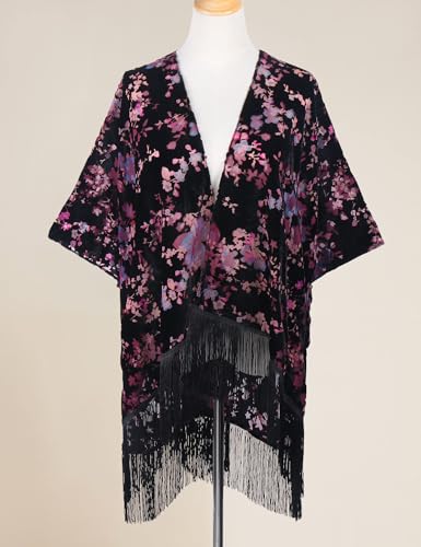 Image of MJ SERECA Women's Burnout Velvet Kimono Cardigan Cover Up with Tassel