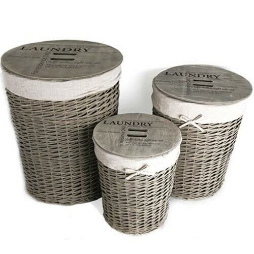 Set Of 3 Laundry Wicker Baskets With Lids - Hamper Washing Bin, Clothes Storage, Bedroom Multi Usage | Includes Lids & Liner | Classic Vintage Design