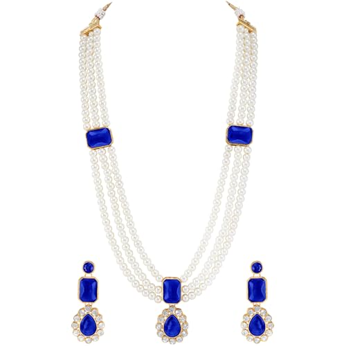Image of Peora Crystal Faux Pearl Kundan Necklace & Jewellery Set Gift for Women