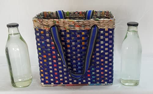 Image of Paperus, Medium, Blue Check Lunch Bag, Picnic Basket, Carry Bag, Handbag, Tiffin Basket for Office, Rectangular, Eco-Friendly, Handmade, of Paper Ropes, in Inch 11 H, 12 L, 6 Wide Base