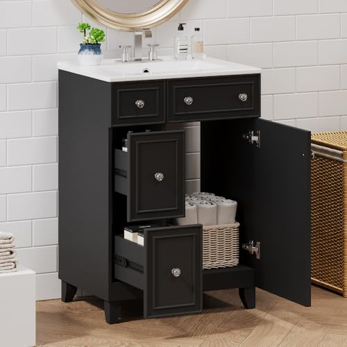 Image of 24 Inch Bathroom Vanity with Ceramic Sink, Freestanding Vanity Cabinet with 2 Drawers and 1 Door (Black)