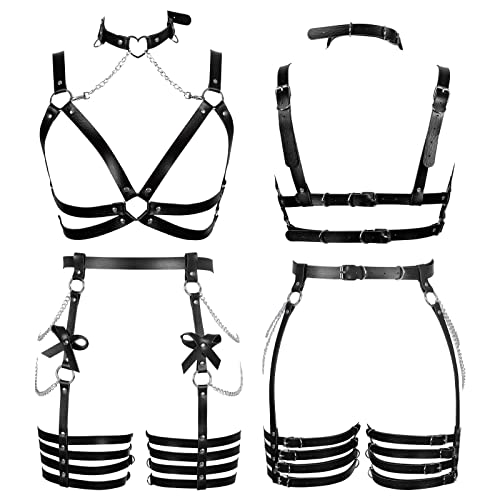 Womens Harness Leather Body Chain Bowknot Lingerie Garter Belts Set Hollow Out Christmas Dance Fashion Clothing2