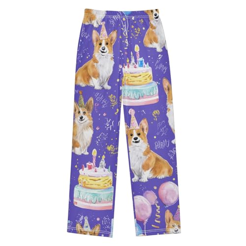 Corgi Dog Birthday Cake Print Boys Long Pants Soft Trousers Elastic Waist Kids Lounge Bottoms with Pockets S-XL