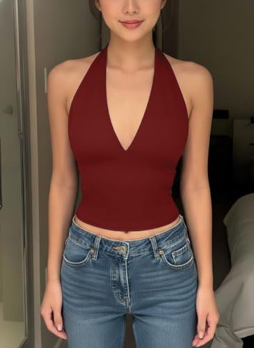 Image of TIVANTE Solid V Neck Sleeveless Crop Top for Women Stylish Western || v Neck Tops for Woman || Halter Neck Tops for Women Stylish