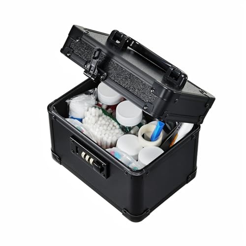 Adazzo Black Medicine Lock Box - 7" Medication Lock Box & Lockable Storage Box for Personal Items - Secure Medicine Storage Box with 3-Digit Combination Lock - Aluminum Small Lock Box for Home Travel